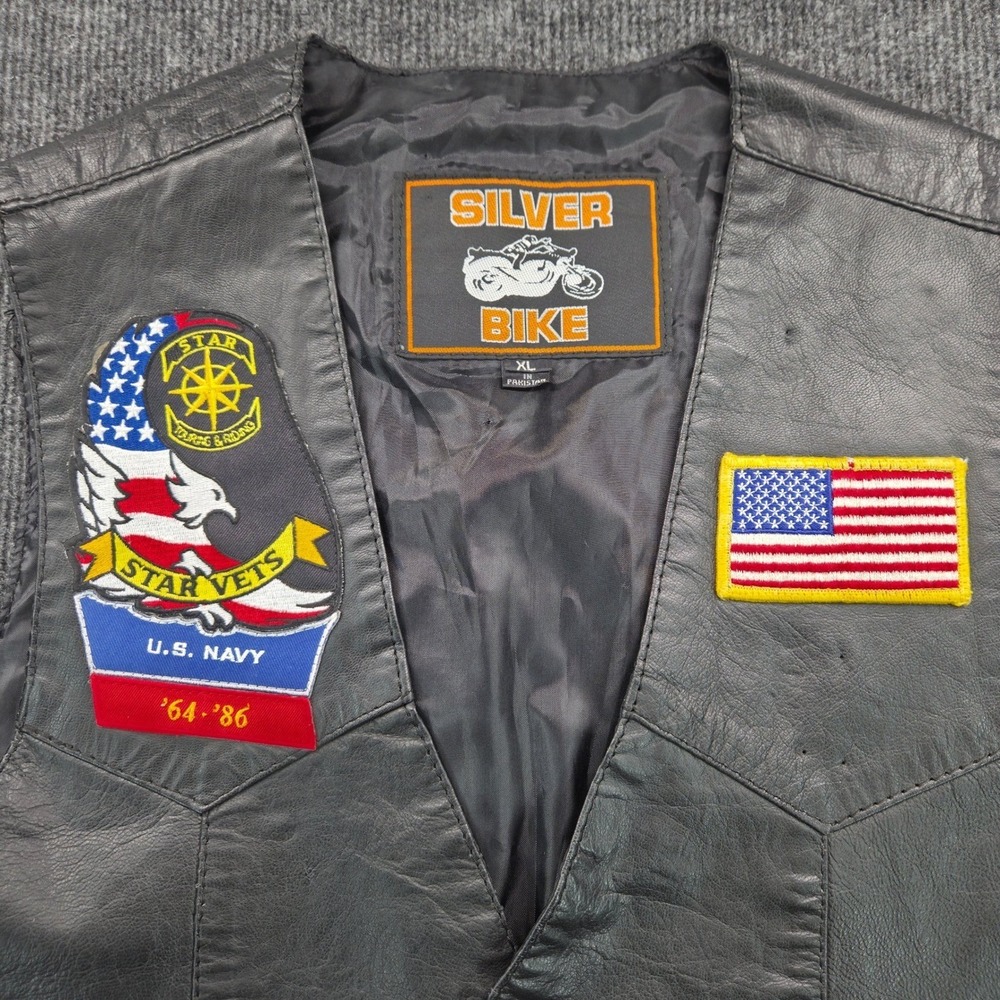 Silver Bike Mens XL Leather Motorcycle Vest US Navy Star Vets Patch Biker Black